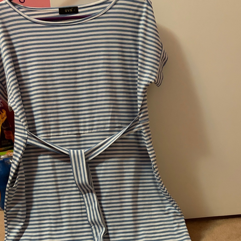 Blue and White Striped Women’s Belted Dress